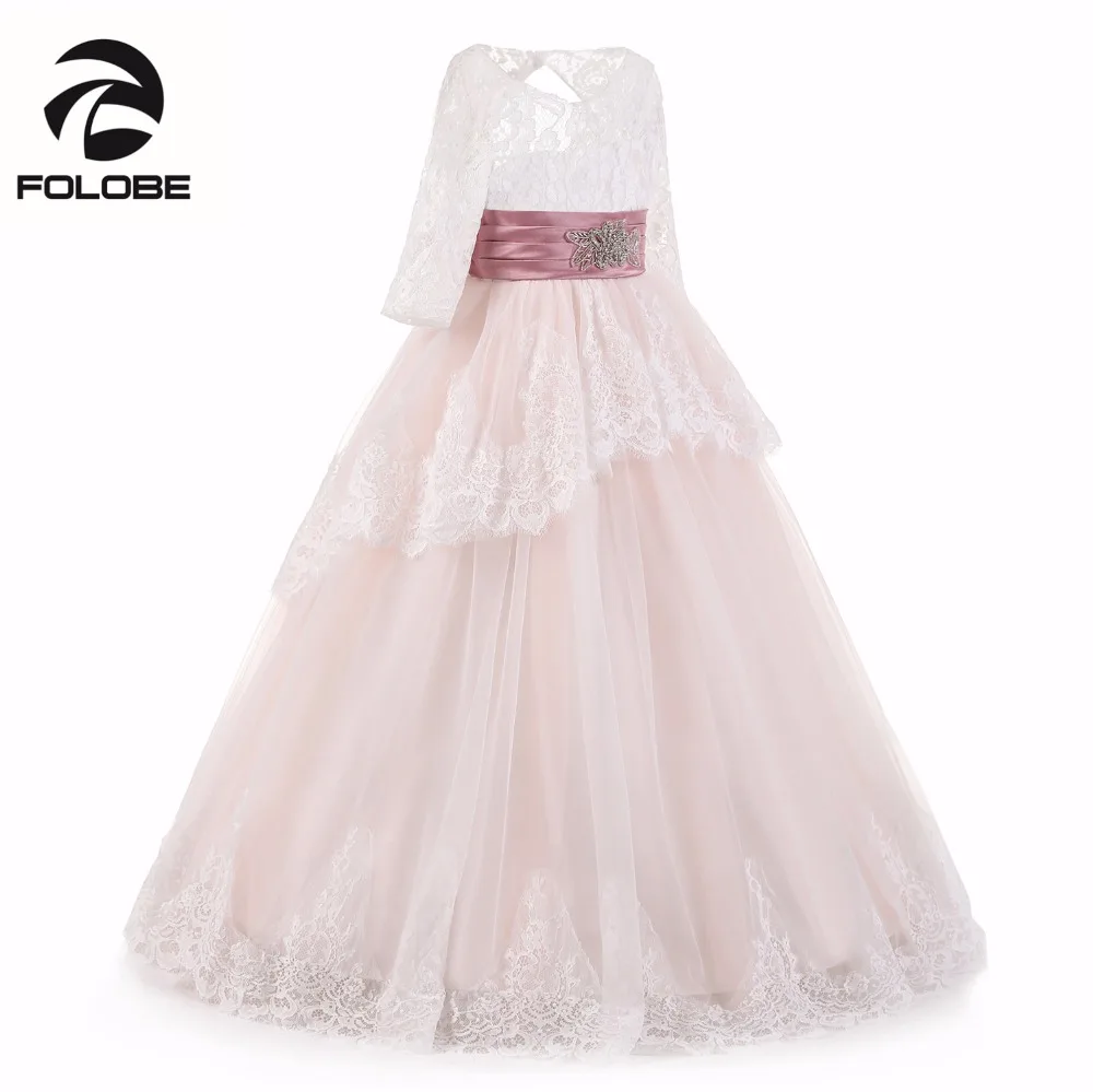 Розовый Бисер кружевное платье с цветочным рисунком платья для девочек, Q002 Плиссированное оборками для девочек для первого причастия Платья для специальных торжеств Лидер продаж