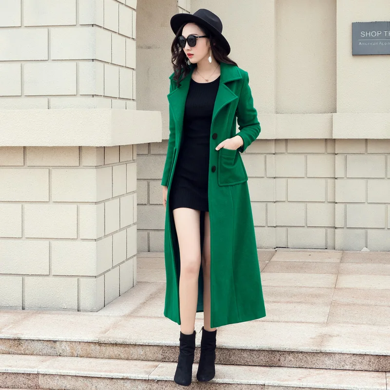 Новое винтажное Женское шерстяное пальто длинное тонкое шерстяное пальто женские зимние куртки однобортное зеленое элегантное женское теплое пальто