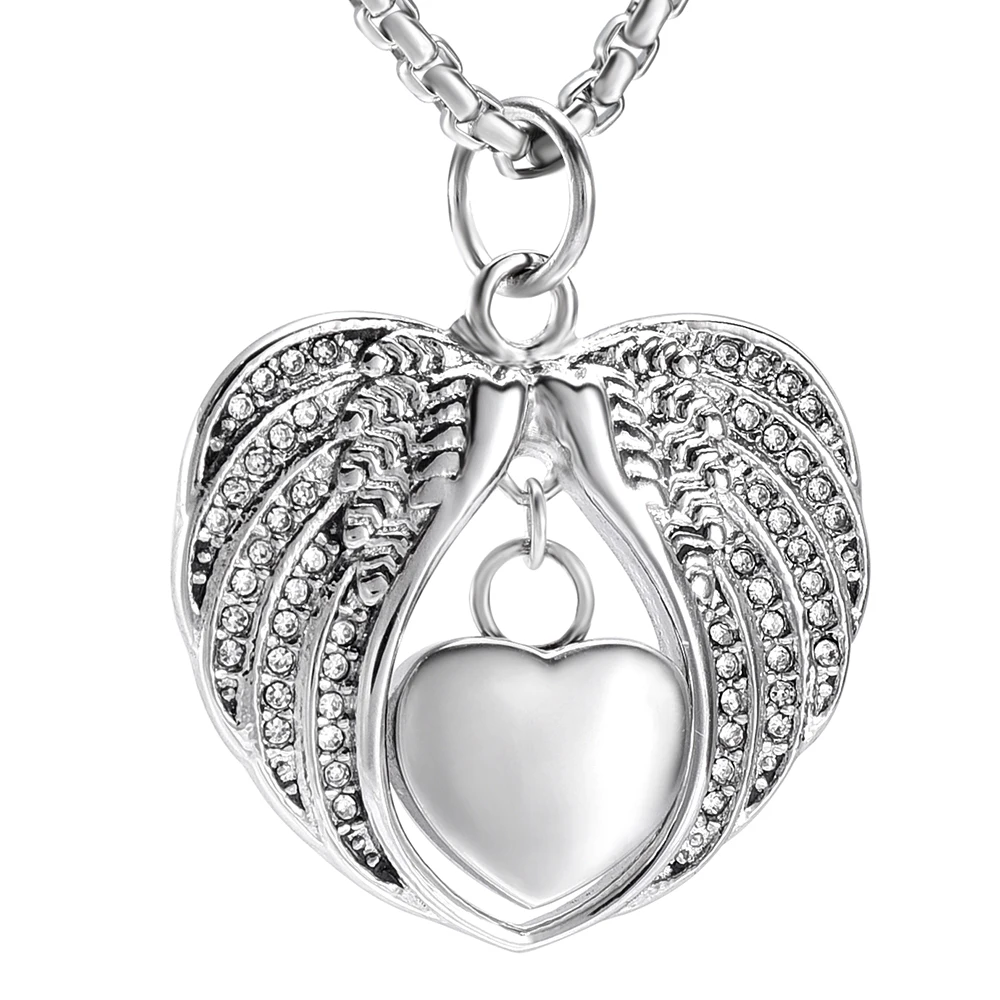 JJ001Unique Design Angel Wing Hold Tiny Heart Urn Necklace Free