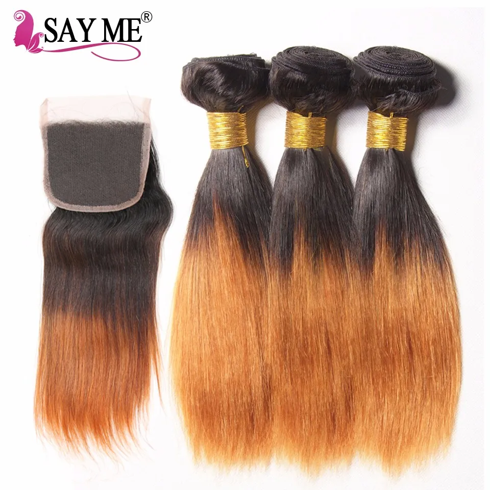 1B27 Ombre Straight Hair Bundles With Closure Brazilian Hair Weave Bundles With Closure Remy Human