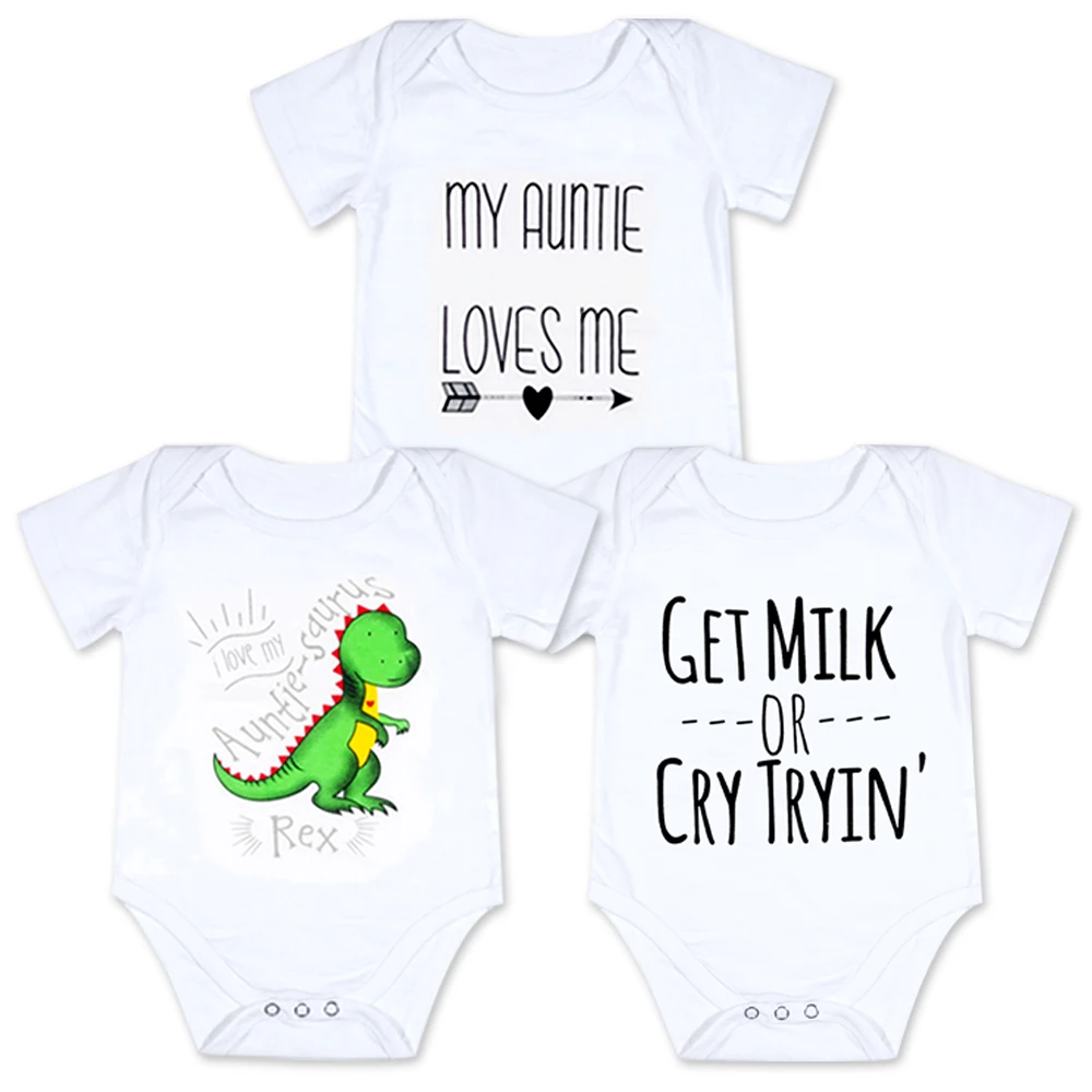 Beli 2018 Bayi Laki laki Perempuan Pakaian Bibi Saya Mencintai Saya Bodysuit Katun Musim Panas Lengan Pendek Lucu Pakaian Bayi Onesie Dinosaurus Kecil