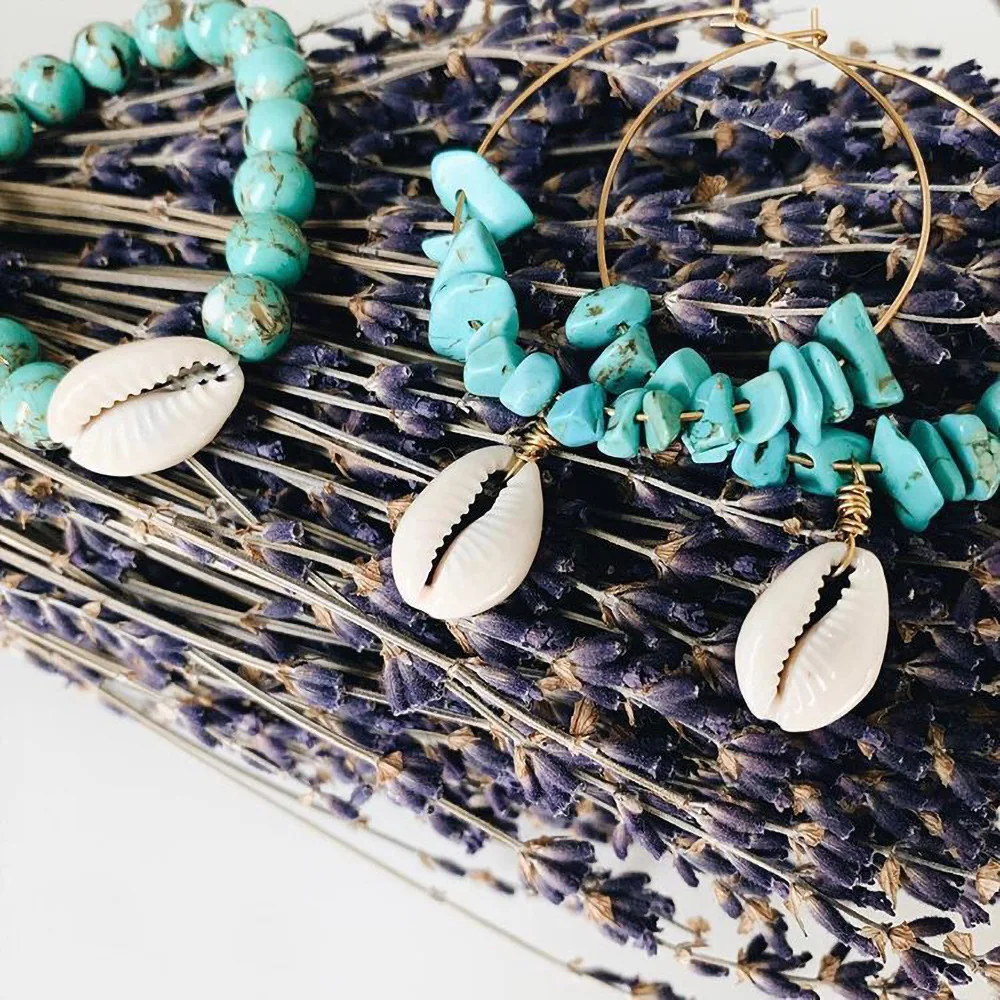 

Bohemian Nartural Stone Shell Big Circle Drop Earrings Red Blue Beads Stone Shell Bracelets Sets Boho Earrings Bracelets Set