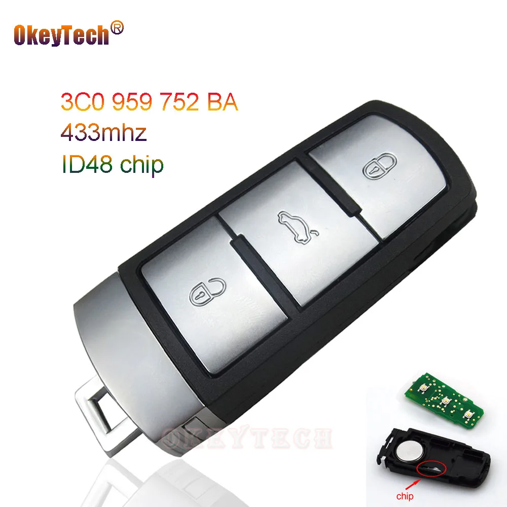 

OkeyTech Smart Card Car Key for VW Volkswagen Magotan Passat CC 2005 2006 2007 2008 2009 433Mhz ID48 Chip 3 Buttons Insert Blade