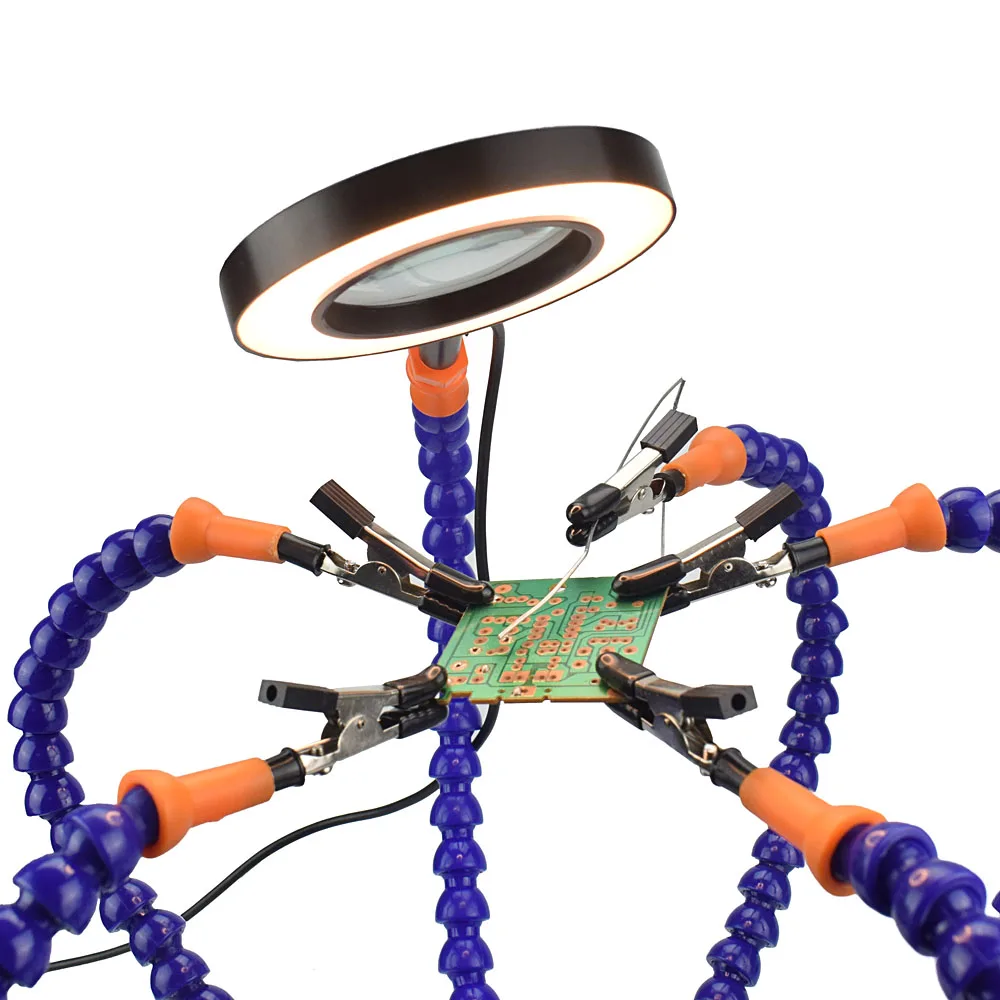 Toolour Helping Hands Third Arm Soldering Work Station 6 Flexible Arms with Precision 360 Degree Alligator Clip USB 3X Magnifier