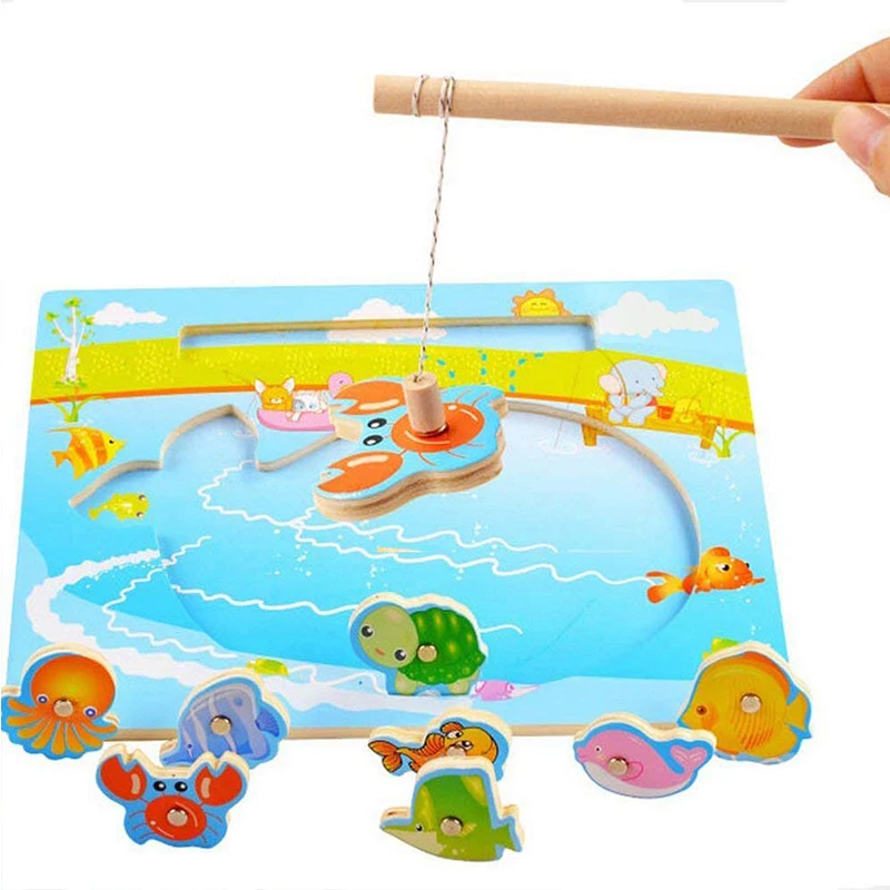 

Children Fishing Game & Wooden Ocean Jigsaw Puzzle Board Magnetic Rod Toy Outdoor Fun Toy For Kid jogos de tabuleiro em madeira