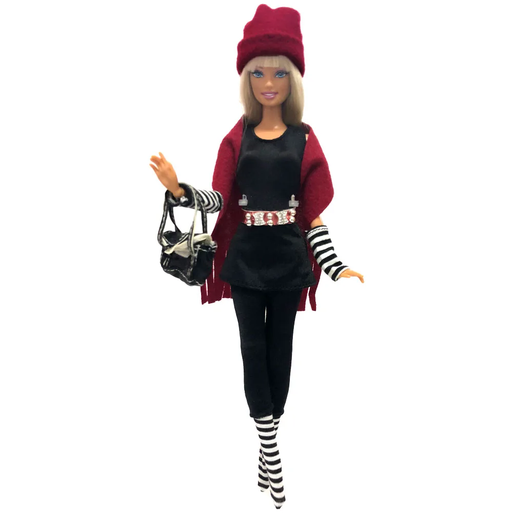 NK комплект Повседневная зимняя одежда ручной работы платье+ обувь+ длинные носки+ шапка+ шарф+ сумка для куклы Барби аксессуары 233A DZ