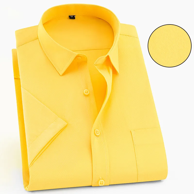 Новый дизайн летние Для мужчин рубашки с отложным воротником Твердые Полосатый Бизнес Twill Office Базовая рубашка Стиль желтый Smart