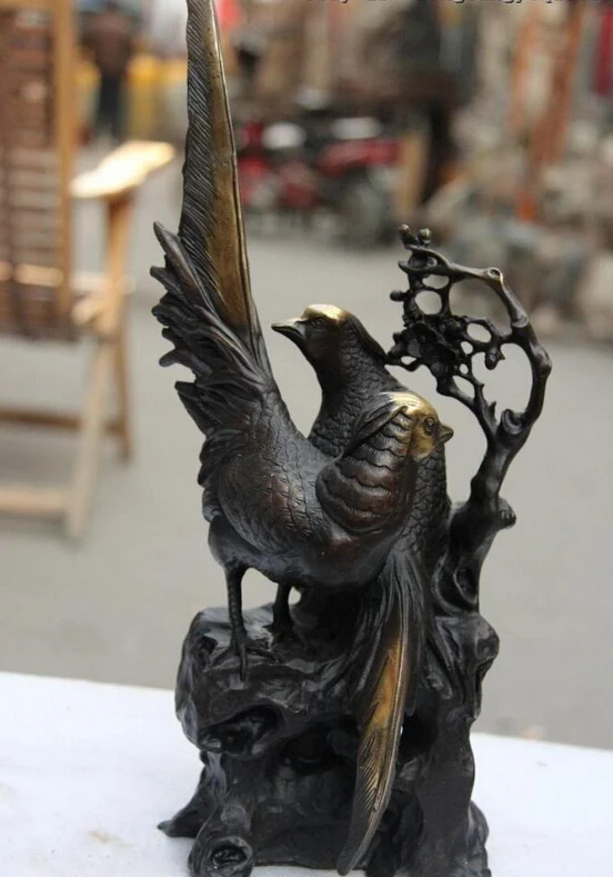 

USPS to USA S0141 12 Chinese Folk Copper Bronze Lucky Pied magpie Bird On Plum Blossom Tree Statue B0401