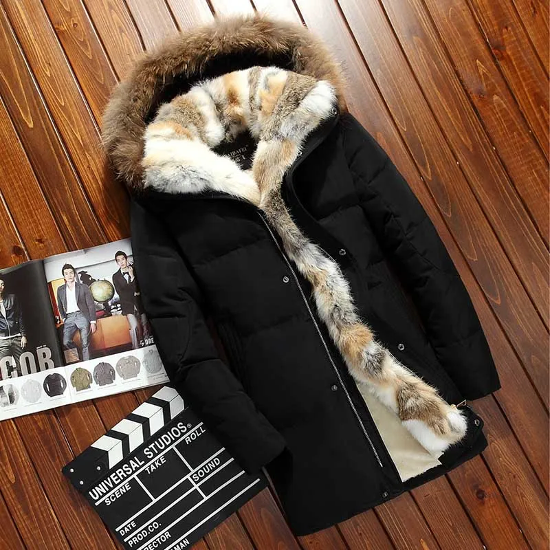 Зимний унисекс пуховик, пальто, теплая верхняя одежда, натуральный мех кролика, енота, капюшон, 5 XLWo, для мужчин, толстая - Цвет: Black