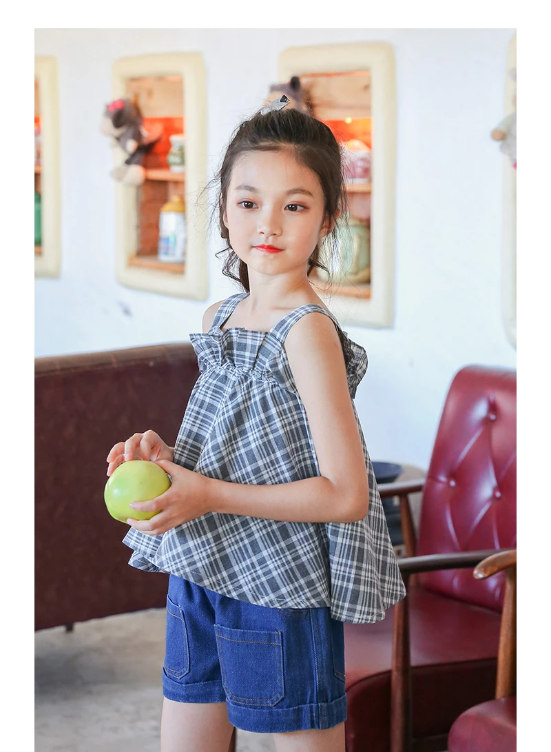 teenage girls blouses shirt clothing kids clothes children summer 2018 plaid cotton baby teens girl school sleeveless tops vest  4 5 6 7 8 9 10 11 12 13 14 15 16 Years little teenage girls kids clothing lolita blouse (17)
