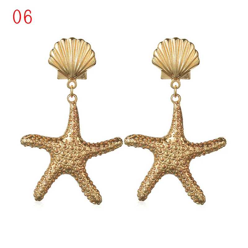 1Pair Summer Retro Fashion Shell Earrings Women Gold Color Geometric Irregular Starfish Conch Statement Jewelry Accessories - Окраска металла: 06