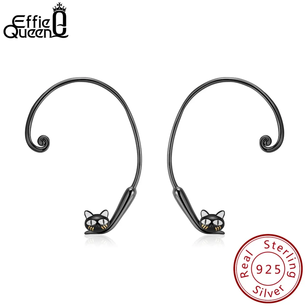 

Effie Queen 925 Sterling Silver Big Stud Earrings For Women Black Gun Plated Earrings Silver Jumping Cat Jewelry Brinco BE91