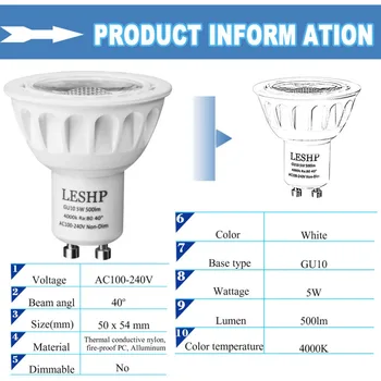 

LESHP White GU10 AC100-240V 5W LED Spotlight 4000K 500LM Non-Dimmable 40 Degree Beam Angle Compact Size Light Weight