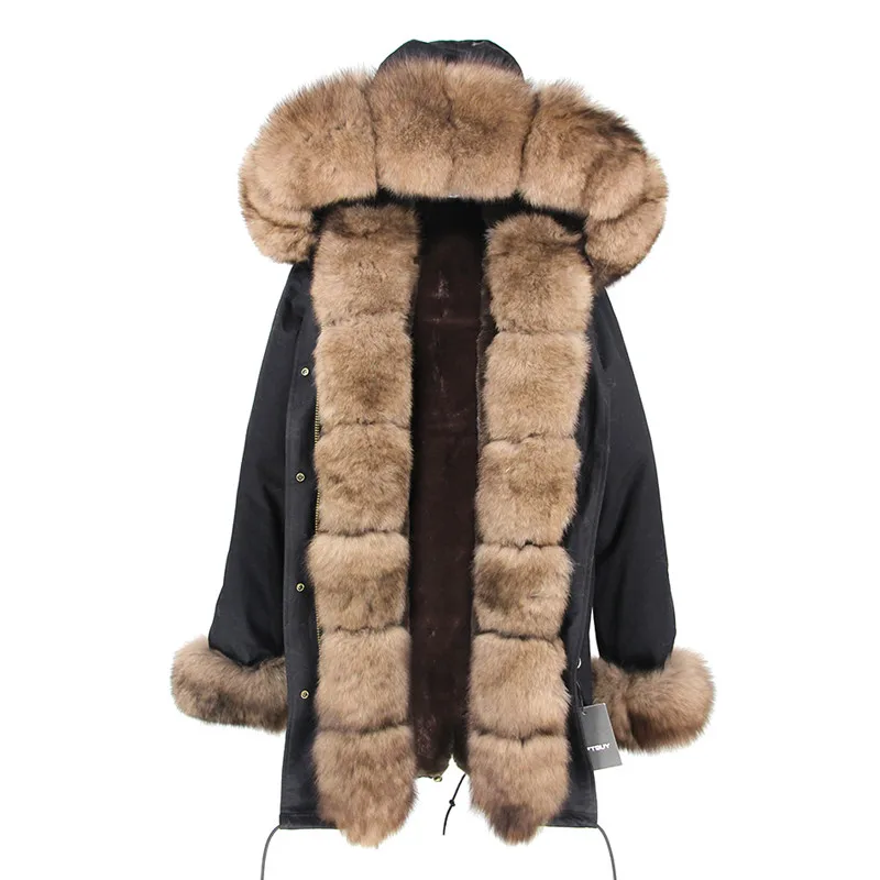 Зимняя куртка, женская брендовая парка, новинка, длинная Джинсовая Верхняя одежда, толстые парки, натуральный Лисий мех, воротник, пальто с капюшоном, меховое пальто - Цвет: dark brown