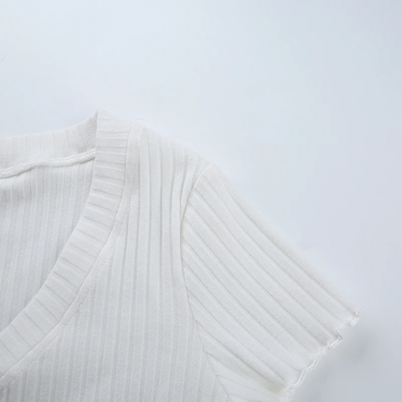 Белая однотонная укороченная женская футболка с коротким рукавом, однобортный v-образный вырез, сексуальные элегантные женские летние топы, футболка