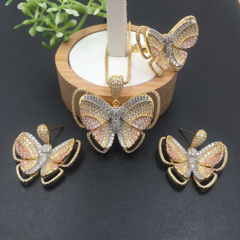 

Lanyika Jewelry Set Vivid Butterfly Necklace with Earrings and Ring Cubic Zircon Micro Paved for Party Bridal Gift