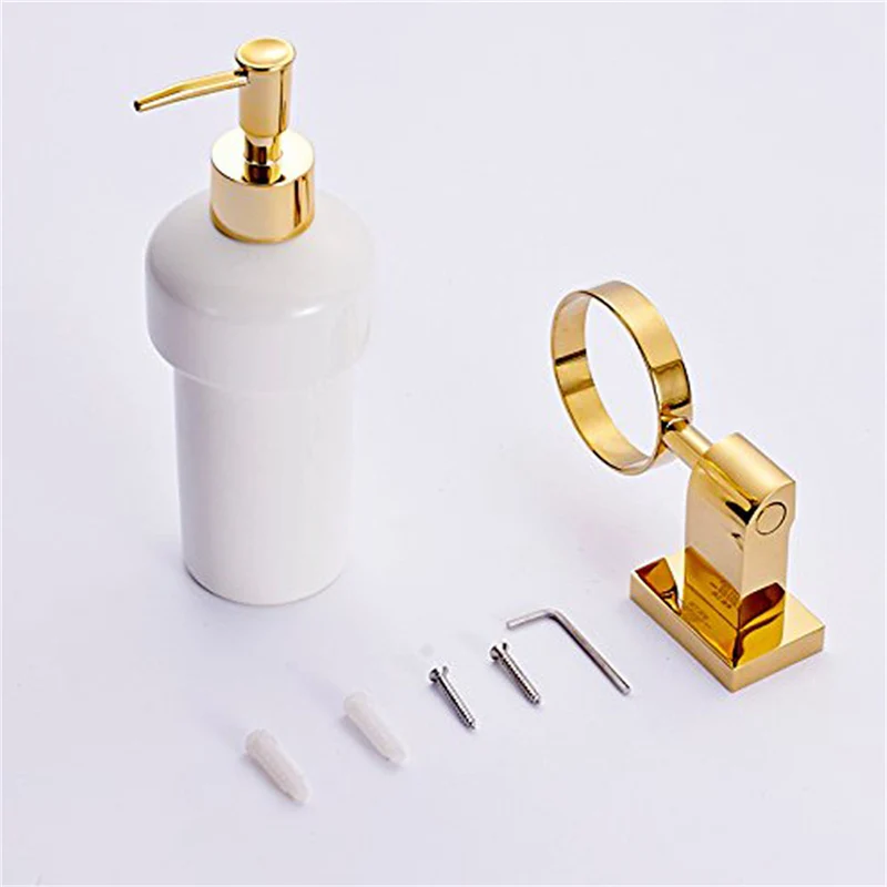 Leyden Golden Liquid Soap Dispenser With Ceramic Container/Bottle Wall Mounted Brass Soap Dispenser Set Bathroom Accessories Leyden Golden Liquid Soap Dispenser With Ceramic Container/Bottle Wall Mounted Brass Soap Dispenser Set Bathroom Accessories