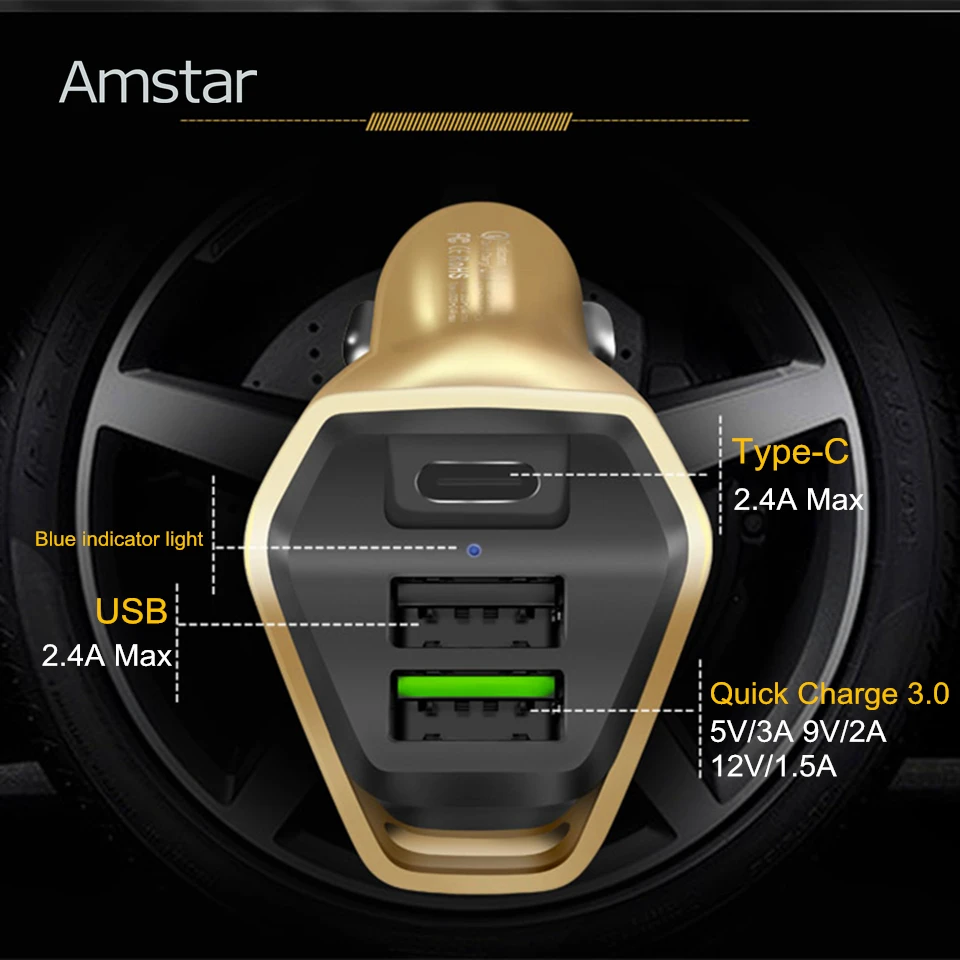 Amstar 33 W 3USB سريعة تهمة QC 3.0 سيارة شاحن آيفون X XS USB نوع-C سريع شاحن الهاتف المحمول سريعة شاحن سيارة-شاحن