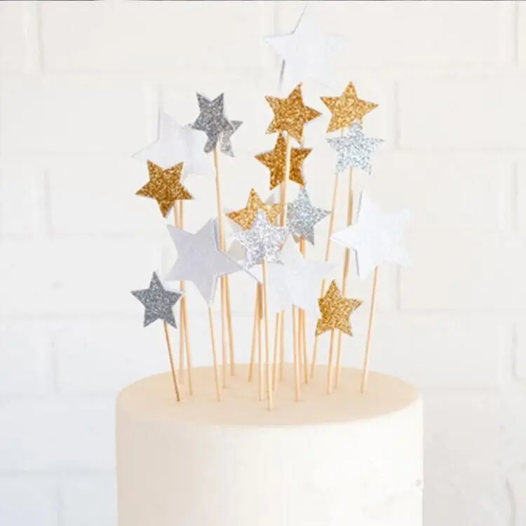 

Lovely Star Golden Silver Cake Topper Set for Kids Birthday Party Decoration Supplies Baby Shower Party Decoration 6pcs/lot