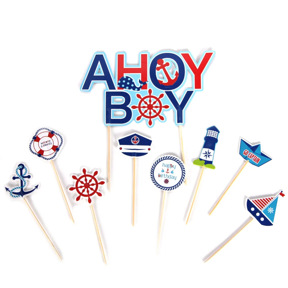 9 шт Ahoy мальчик кекс Toppers Kit стикеры морской тематики первый день рождения КИТ