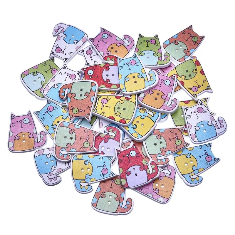 

50Pcs Cute Cat Shaped Wooden Button Mixed Color Wood Button Sewing Accessories For Clothed Decoration Scrapbooking Craft DIY