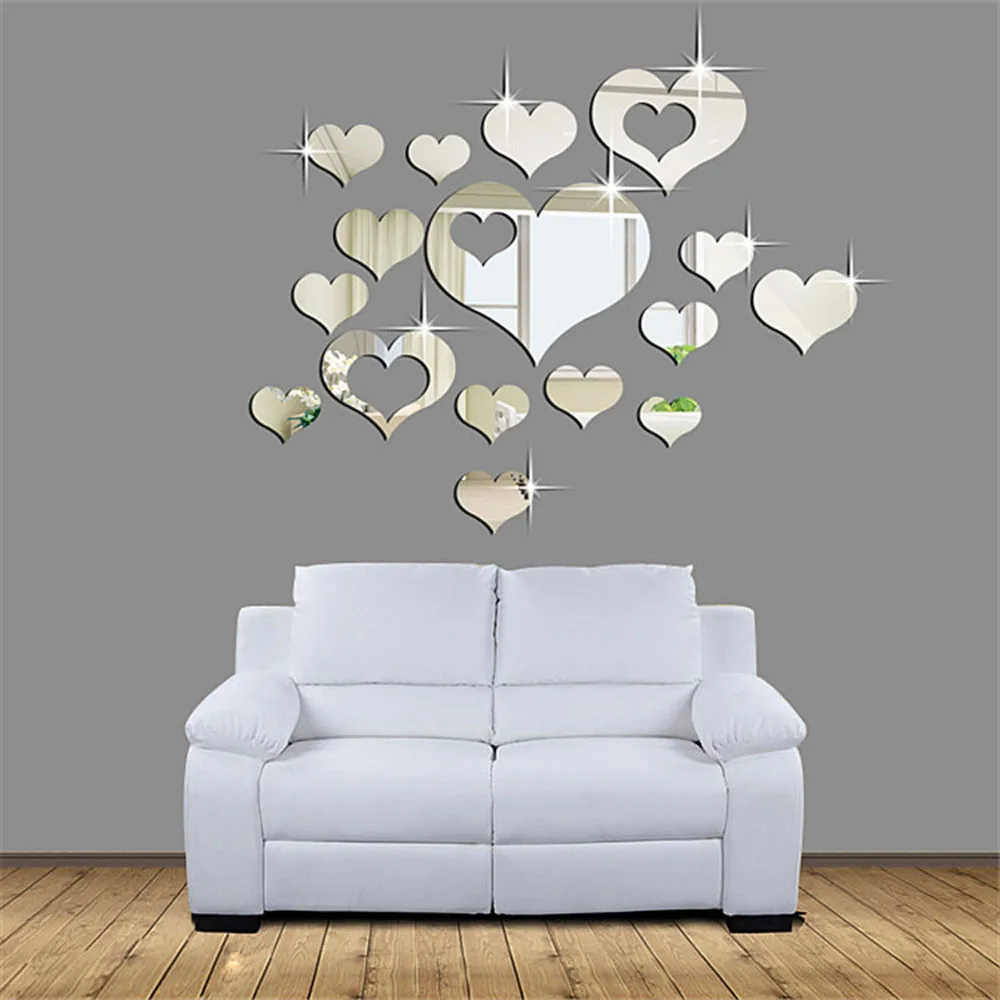 

15Pcs Love Hearts Shaped Mirror Wall Stickers Acrylic Mirror Mural Living Room Background 3D Wall Decor Wedding Decoration