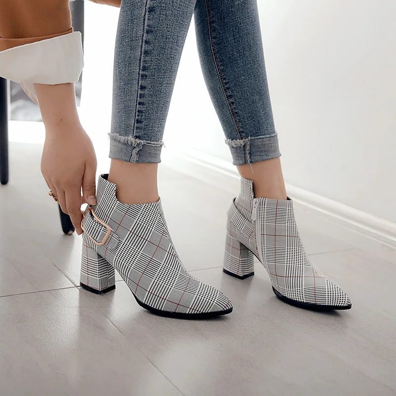 

Fashion Women Boots Plaid Pointed Toe High Heels Women's Shoes Sexy Autumn Winter Ankle Boots Plus Size 34-44