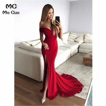 

2019 Red Mermaid Evening Dresses Long In Stock Off Shoulder Elastic Satin Women's Formal Evening Party Dress Custom Made