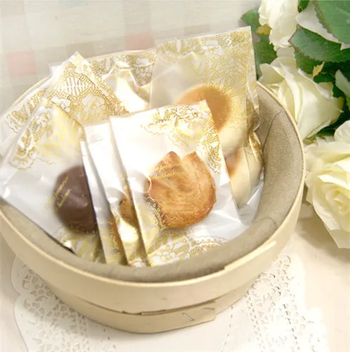 

200 Gold Lace 10x13.5cm Heat Seal Cookie Bag,Plastic Bakery Gift Bag,Candy Biscuits Package Bags