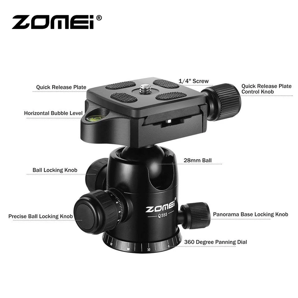 ZoMei Q555 Lightweight Tripod Portable Travel Camera Stand with 360 Degree Ball Head and Carry Bag