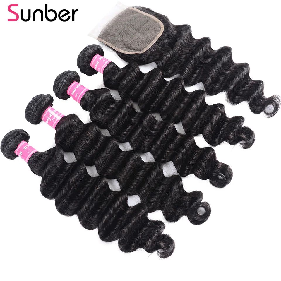 

Sunber Peruvian Loose Wave Hair 2/3/4 Bundles With Closure Remy Human Hair Weave 12-26 inch Bundles with Closure Free Part