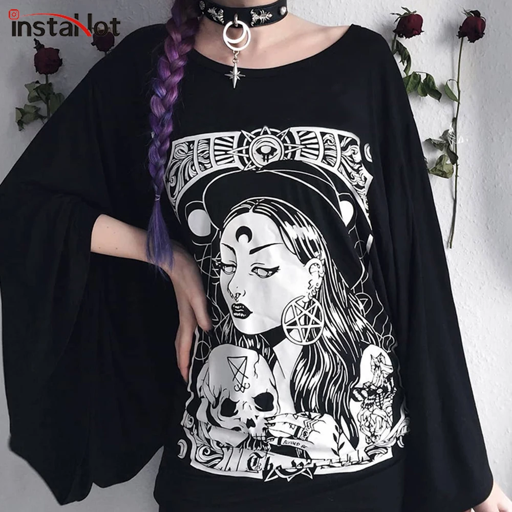 

InstaHot Cloak Batwing Sleeve Loose T Shirt Gothic Punk Black Halloween Top Harajuku Women Autumn Summer Aesthetic T shirt