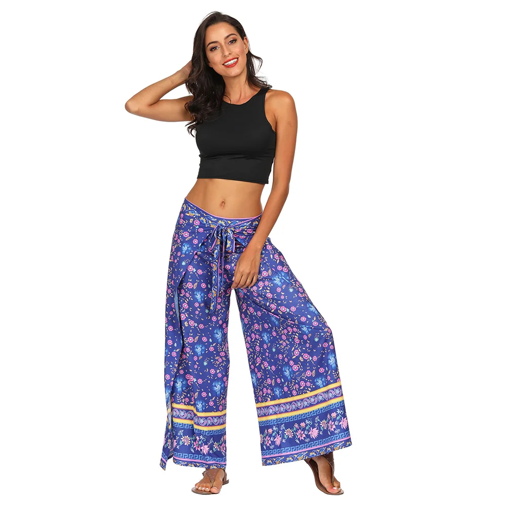 Bohemia Style 3D Print Flower Pattern Print Women Bandage Wide Leg High Split Summer Spring Elastic Waist Long Loose Trousers Bohemia Style 3D Print Flower Pattern Print Women Bandage Wide Leg High Split Summer Spring Elastic Waist Long Loose Trousers