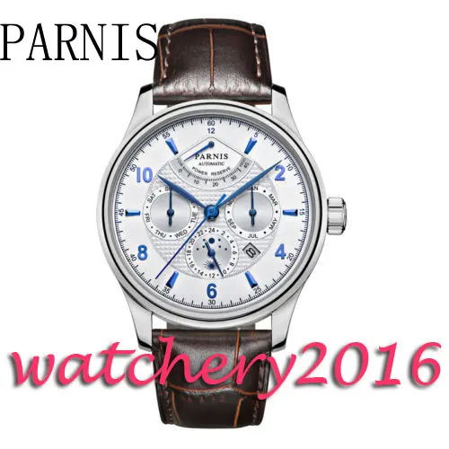 

Parnis 42mm white dial brown Leather Strap blue markers date adjust automatic movement Men's watch