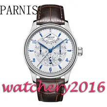 Parnis 42mm branco dial brown Leather Strap azul marcadores data ajustar relógio Dos Homens movimento automático