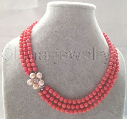 

FREE shipping>>> >>Beautiful 17-19" 3row 6mm round dark pink coral necklace - GP clasp 6.07