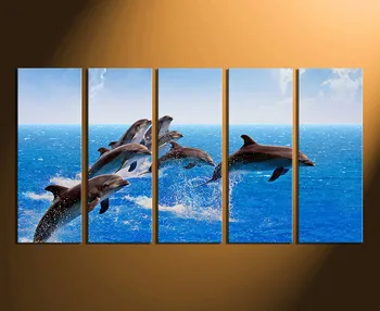 

5 Piece Huge Printed Painting, Dolphin Canvas Photography, Fish Art Prints, Blue Group Canvas, Ocean Multi Panel Canvas