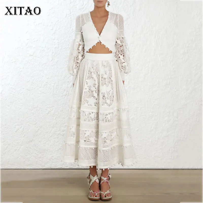 

XITAO Two Piece Set Women Korea Fashion New V Neck Embroidery Top Elastic Waisted High Waist Pants 2019 Summer WLD2024