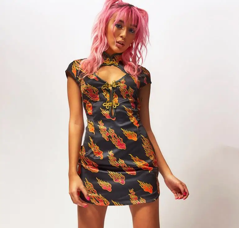 

2019 summer women's new Chinese style flame print raglan sleeve dress female