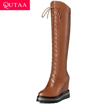 

QUTAA 2020 Platform Shoes Knee High Boots Wedge High Heel Lace Up Height Increasing Genuine Leather Casual Women Shoes Size34-42