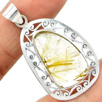 

Hand made Genuine Golden Rutile Pendant Solid 925 Sterling Silver, 47mm, 8.4g, KP0077