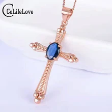 Винтажное ожерелье с крестом, подвеска 5*7 мм, натуральный темно-синий сапфир, драгоценный камень, подвеска с крестом, твердая 925 Серебряная подвеска с сапфиром