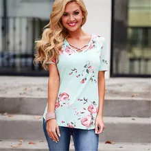 Summer Short Sleeve Women T Shirt Boho Style Floral Print Sexy V Neck Criss Cross T-shirt Casual Tops Tees Plus Size T Shirt sweet style strappy criss cross floral print swimsuit for women