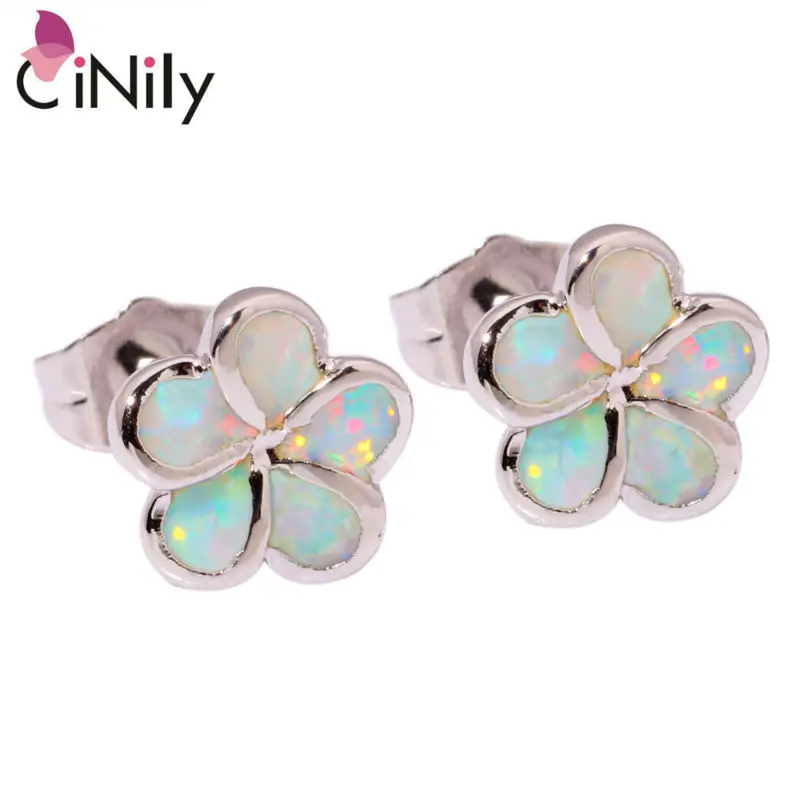 

CiNily Created White Fire Opal Silver Plated Earrings Wholesale Retail Flower for Women Jewelry Stud Earrings 9mm OH2940