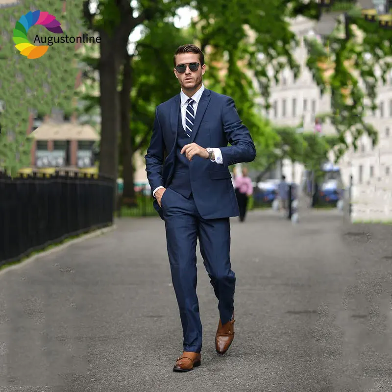 

Formal Business Navy Blue Men Suits Wedding Tailored Groom Tuxedo Slim Fit Groomsmen Blazer Masculino Jacket Pant Vest 3 Pieces