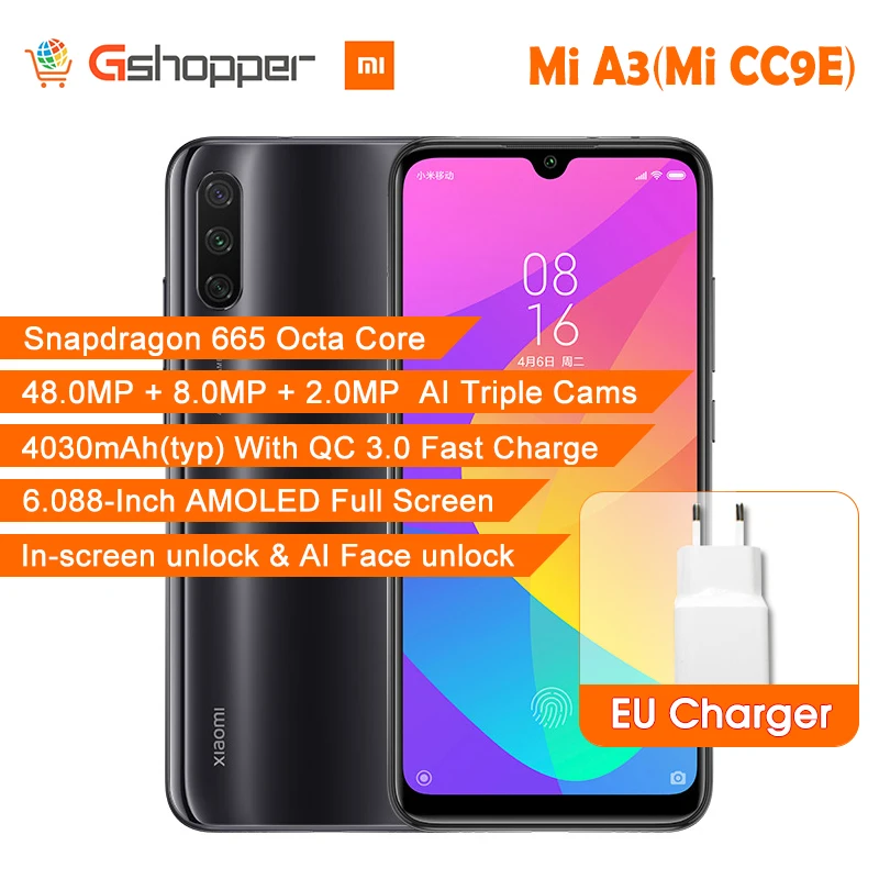 Глобальная версия Xiaomi mi A3 mi A3 4 Гб 64 Гб 32 Мп+ 48 МП камера 4030 мАч мобильный телефон Snapdragon 665 Восьмиядерный 6,08" AMOLED