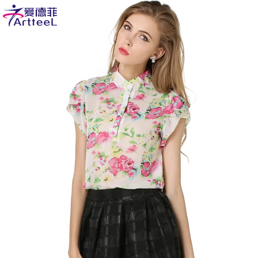 Женщины шифон топы fashion flowers отпечатано блузки с коротким рукавом рубашки летние