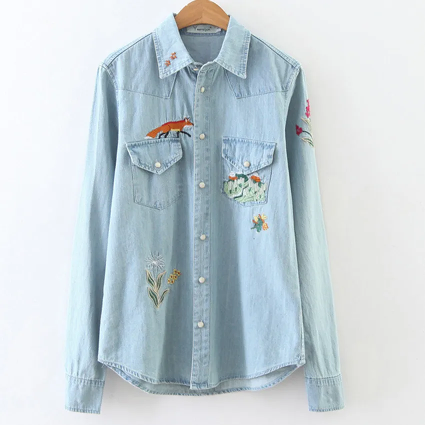 Women Denim Shirt with Embroidery Jeans Blouse Long Sleeve