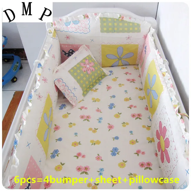 

Promotion! 6PCS Baby Bedding Set Health Cotton Bumper Baby Cot Sets Baby Bed (bumpers+sheet+pillow cover)