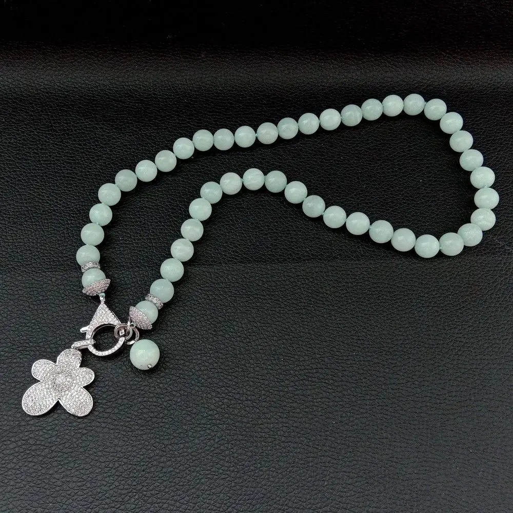 

natural 10mm round amazonite necklace cz micro Pendant